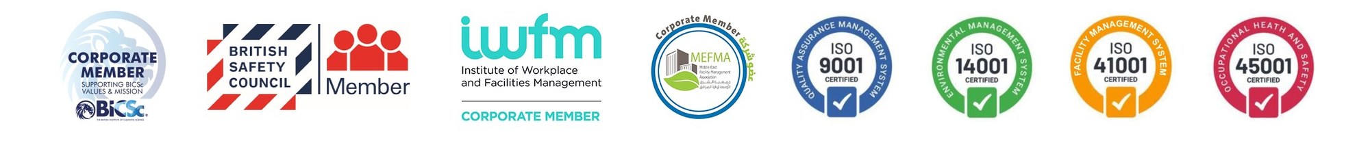 British Safety Council, IWFM, BICSc, MEFMA and ISO 9001, 14001, 41001 and 45001 certification marks